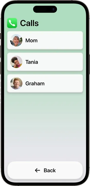 The Calls app inside Assistive Access on an iPhone: three large contact buttons, Mom, Tania and Graham, and a Back button
