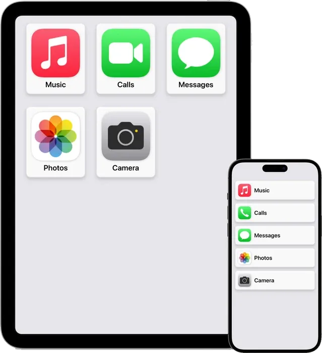 Assistive Access on an iPad as a grid of five large tiles and on an iPhone as a row list: Music, Calls, Messages, Photos, Camera