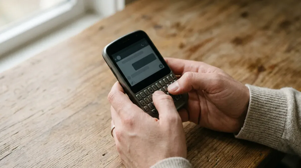 Two hands holding a small phone with a physical QWERTY keyboard, thumbs on the keys