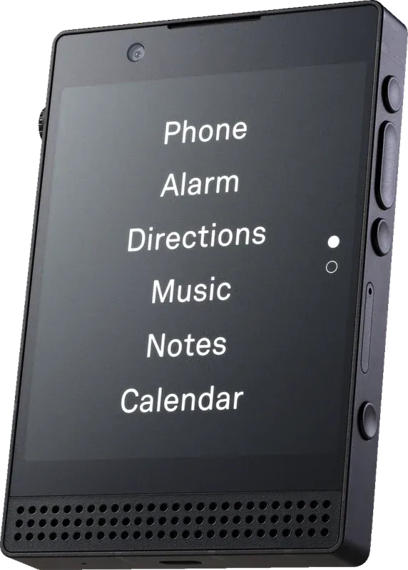 The Light Phone III in black, angled, its screen listing Phone, Alarm, Directions, Music, Notes and Calendar in white text