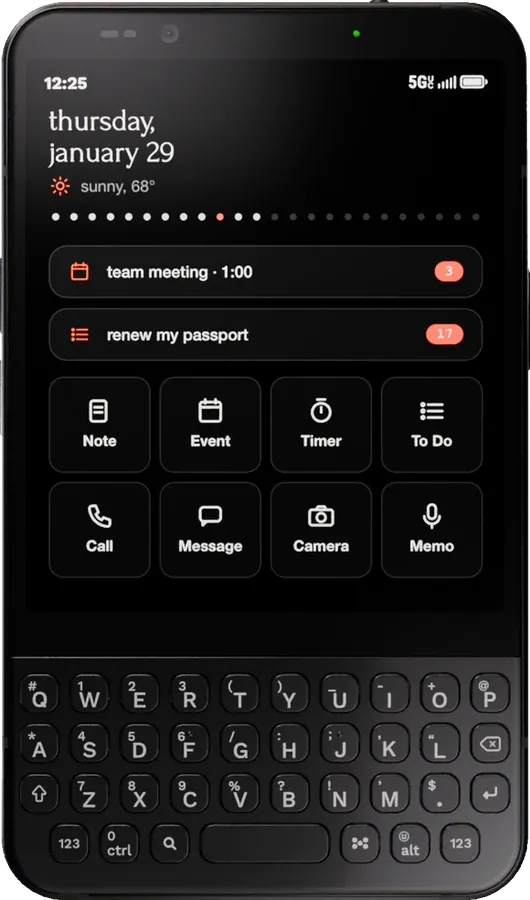 The Minimal Phone 2 in black seen from the front: a tall screen with a minimal home screen above a full QWERTY keyboard