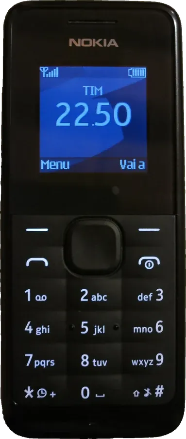 A black Nokia 105 keypad phone seen from the front, its small screen showing the time above twelve number keys
