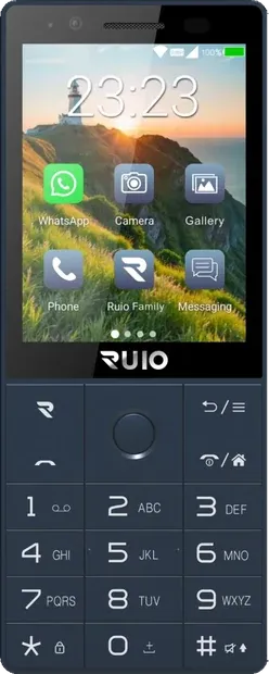 The RUIO Joy in navy seen from the front: a small screen with app icons above a full T9 keypad