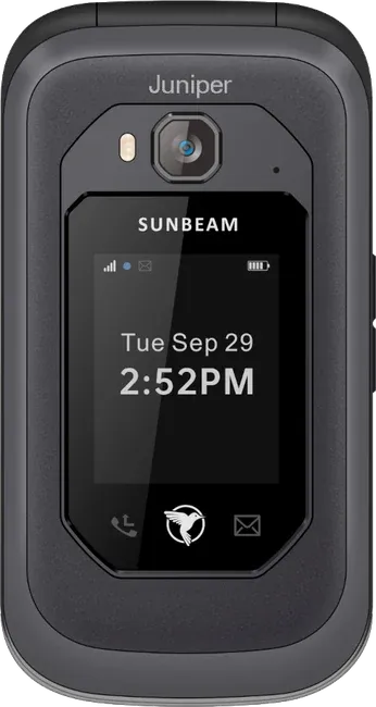 The Sunbeam F1 Pro Juniper, a grey flip phone, closed, its outer screen showing the date and time