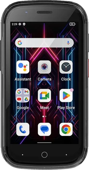 The Unihertz Jelly Star in black seen from the front, a 3-inch screen full of Google app icons