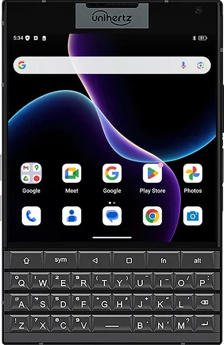 The Unihertz Titan 2 seen from the front: a square touchscreen above a backlit four-row QWERTY keyboard