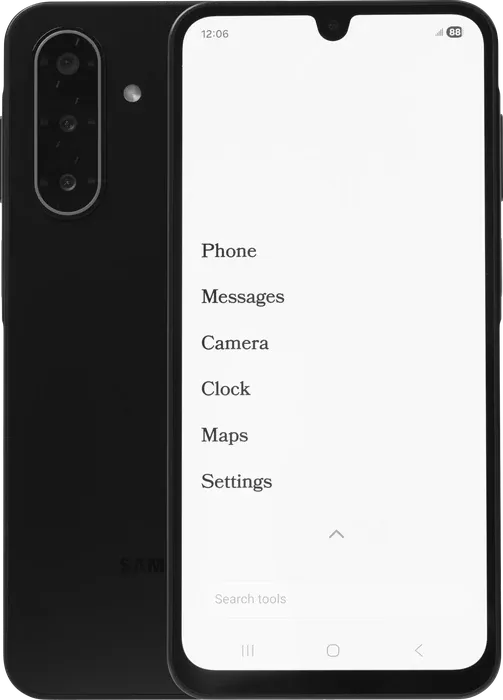 The Wisephone II seen from the front, its home screen a plain list: Phone, Messages, Camera, Clock, Maps, Settings